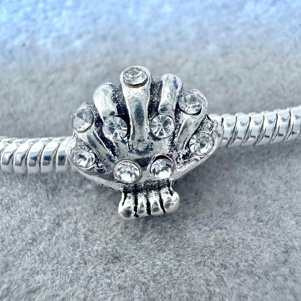 Seashell Scallop Shell Rhinestone Charm Bead Silver Tone fits PANDORA